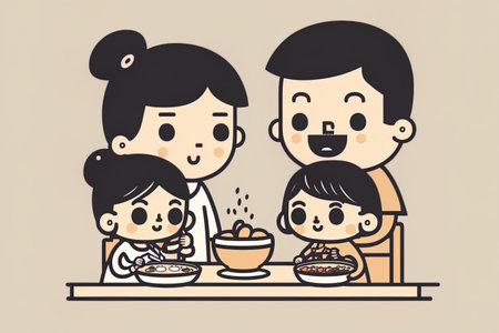 family dining together, a simple but adorable drawingの素材