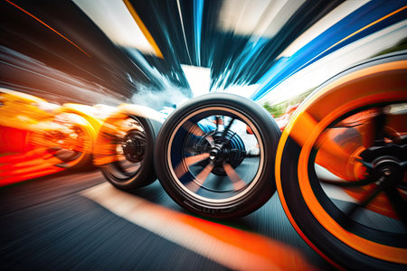 Motion blurred frontal perspective of fast moving race cars on a courseの素材