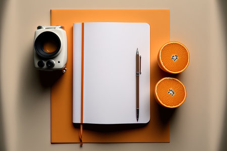 top view of a white desk with a blank orange leather journalの素材