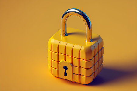 padlock on computer keyboard on a yellow background network and data security conceptの素材