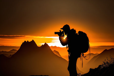a silhouette of a photographer capturing a mountainous sunsetの素材