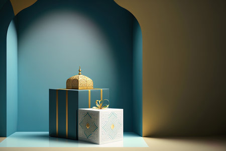 podium for Ramadan in Islam with an image of a present boxの素材