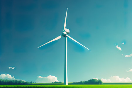a windmill on a field against a clear skyの素材