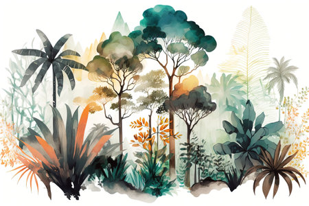 wallpaper design of tropical trees and leaves in a misty forestの素材