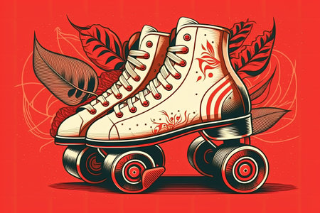 On a bright background, a pair of vintage white roller skates go byの素材