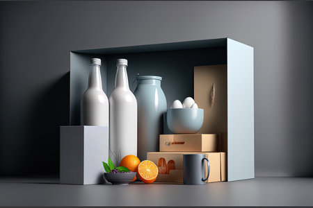 Presentation of products on a gray background with window light and shadowsの素材