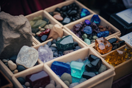 Packaged, genuine gemstones for sale at a market stall. Minerals used for the sabbat, altar, meditation, reiki, spiritual ritual, or witchcraftの素材