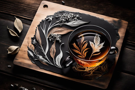 Yummy herbal tea, brewed, set on a black wooden backdropの素材