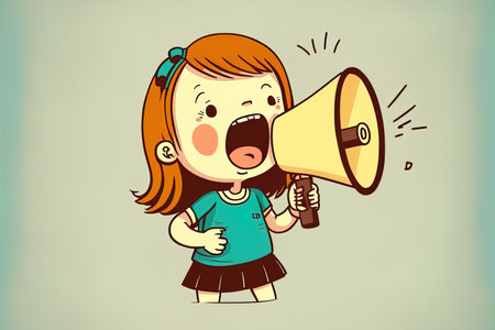 female child in ed drawing holding a loud speakerの素材