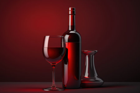 Red wine bottle and glass against a red backgroundの素材