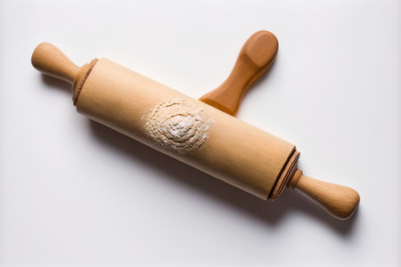 top view of a wooden rolling pin isolated on a white backdropの素材