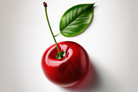 Red juicy cherry isolated with clipping path on white backdrop. looking up. Lay flatの素材