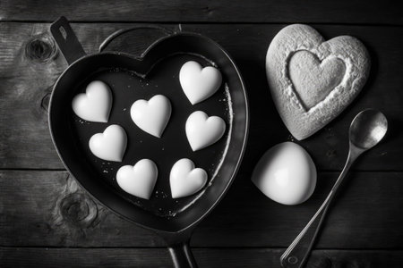 Top view of a frying pan containing heart shaped eggs and bread on a wooden tableの素材