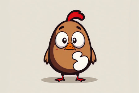 Character mascot of a brown chicken egg with a red question mark on a white backdropの素材