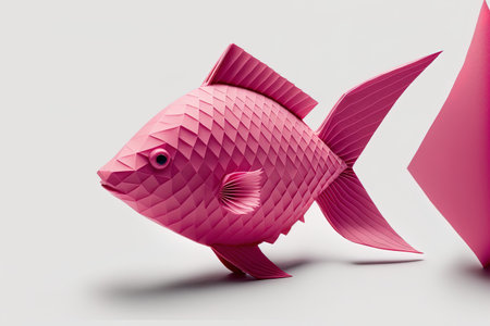 Origami fish made of pink paper, isolated on a white backdropの素材