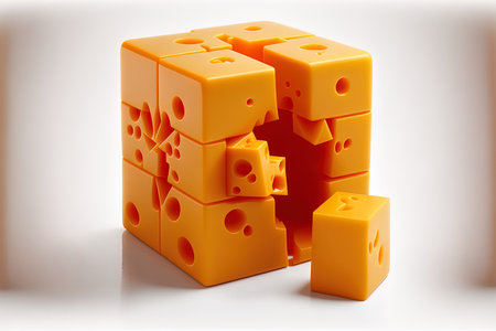 Cheddar cheese cubes set apart on whiteの素材