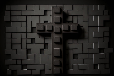 Concept of religion, numerous crosses on a black plastered brick wall, newの素材