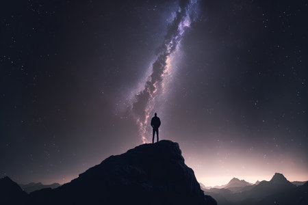 A scene with the milky way, stars, and a silhouette of a guy standing on a mountainの素材