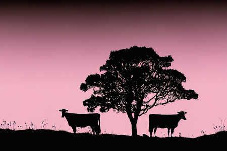 Three cows in silhouette on a hill with a pink skyの素材