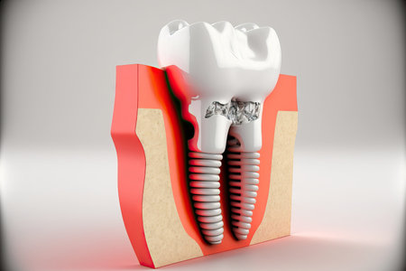White backdrop with an illustration of teeth with a dental implant in the gumsの素材