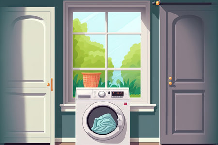 scene in the bathroom with a washing machine and a refrigeratorの素材