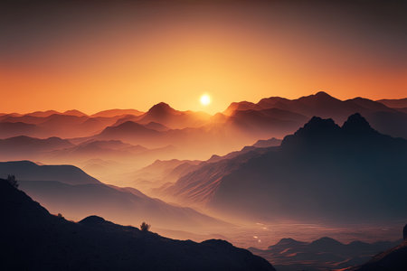 At sunset, hazy mountains in a mystery landscape are illuminated by gentle lightの素材