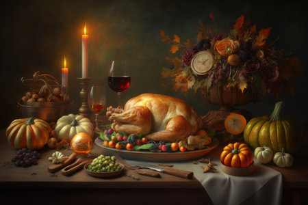 On a table set with pumpkins, gourds, asparagus, brussels sprouts, baked vegetables, pie, flowers, and candles sits a roasted turkey topped with cranberries as a garnishの素材