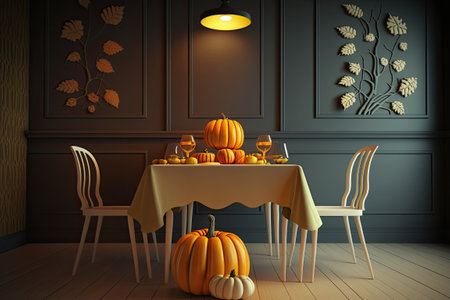 Dining table with pumpkins in interior of roomの素材