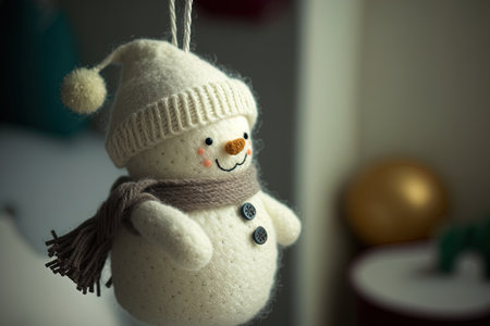 Hanging white snowman toy Christmas treeの素材
