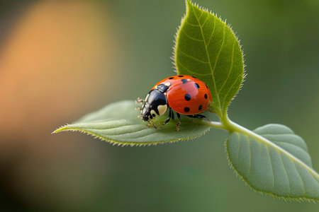 Dedicated image of a ladybird in the garden perched on a plant stemの素材