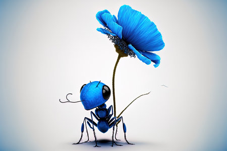 Cartoon ant grasping a blue blossom against a white backdropの素材