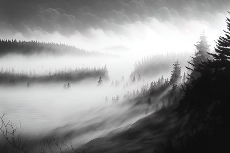 Rolling billows of low fog in the centerの素材