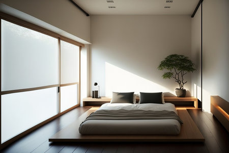 Japanese minimalist bedroom design Modern room with white walls and a wooden floorの素材