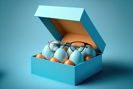 eggs in a glasses box. Simple Easter design on a blue backgroundの素材