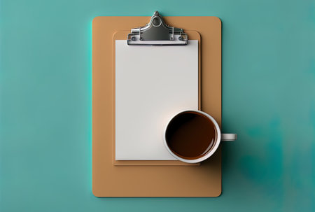 clipboard with coffee mug on top viewの素材