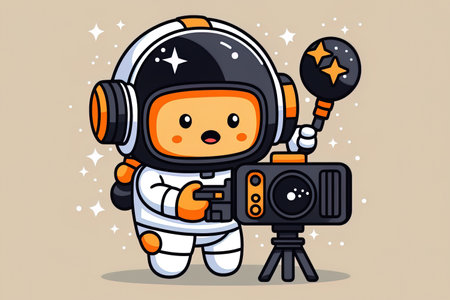 Science and technology symbol concept of a cute astronaut vlogging in spaceの素材