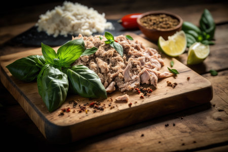 Spectacular close up of minced chicken or turkey, basil, and spices on a wooden boardの素材