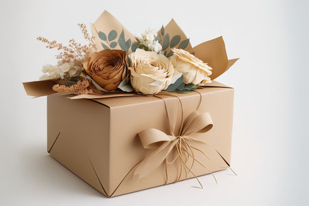 empty handmade paper gift box wrapped with beige canvas ribbon, white backgroundの素材
