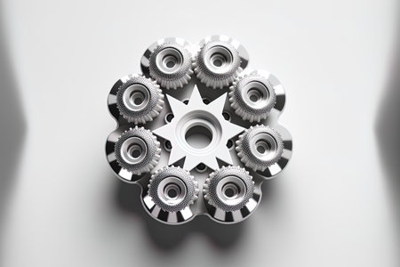 symmetrical array of silver machine nuts on a white backdropの素材