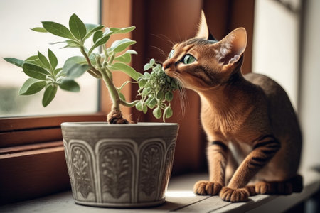 domesticated abyssinian munching on a houseplant. Cat eating a plant in the houseの素材