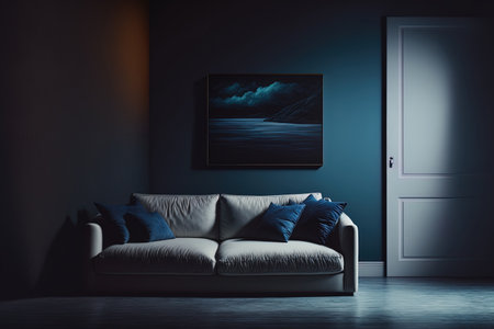 interior of a light room with a sofa against an empty, dark blue wall,の素材