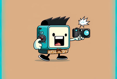 Character with a contemporary digital camera and pixel hand cursorの素材