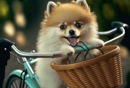 A adorable spitz puppy is seen up close riding in the basket of a bicycleの素材
