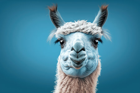 On a blue background, an amusing llama greets the viewerの素材