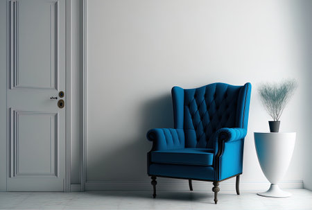 A blue armchair is in the room against a blank white wallの素材