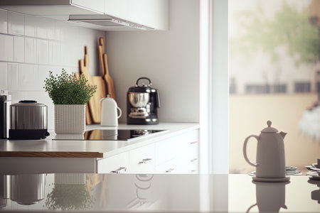 hazy image of contemporary kitchen with white furnishingsの素材