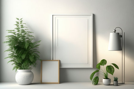 modern room with lamp,plants and frames interior design. illustrationの素材