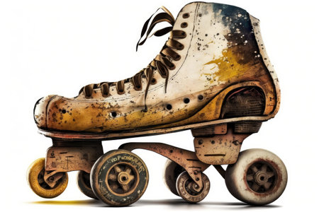 White background with a used, vintage roller skate in various stages of wear and useの素材