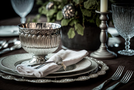 A close up of a dining table with silverware and decorationsの素材