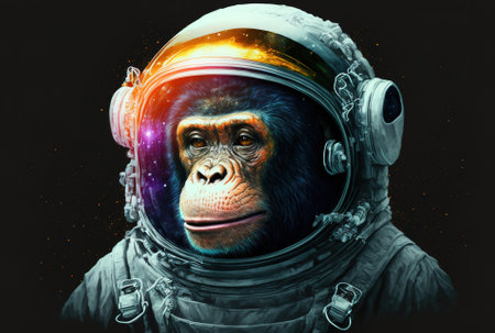 A chimpanzee astronaut is seen in a hand drawn image wearing a space suitの素材